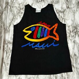 SGT. Leisure Black Vintage 1987 Graphic Tank Top Maui Hawaii Vibrant Fish USA